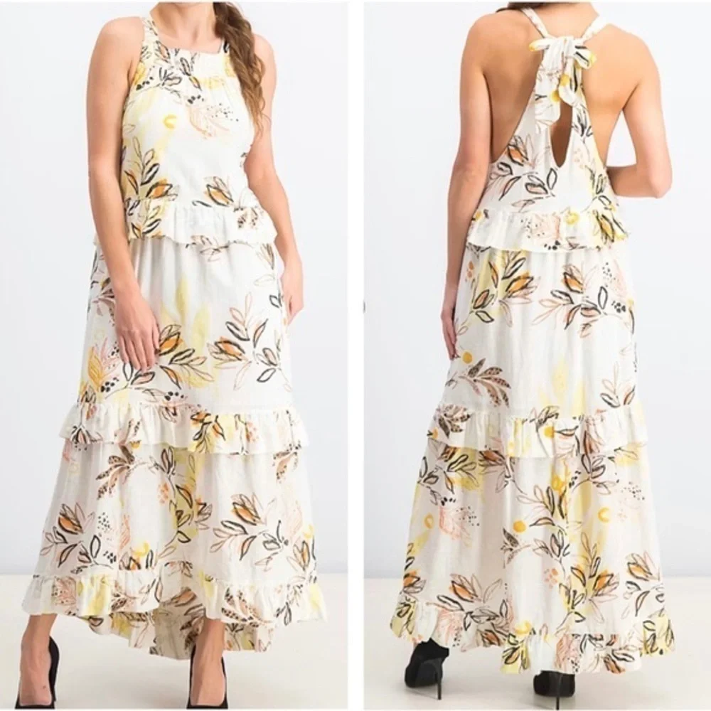 free people anita maxi dress Free People Ivory Leaves Multi Print Anita Tiered Maxi Dress l XS